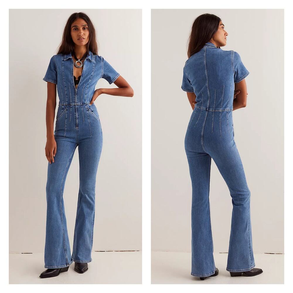 Free People Blue Denim Short-Sleeve Zip Jumpsuit